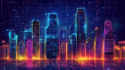 Fototapeta premium Futuristic city skyline glows with vibrant neon lights brilliantly