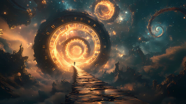 Immersed in the ethereal clockwork realm a surreal digital landscape of time space and mechanical wonders. Clockwork Realms. Illustration