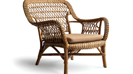 A wicker chair with a tan cushion sits on a white background. generated using AI