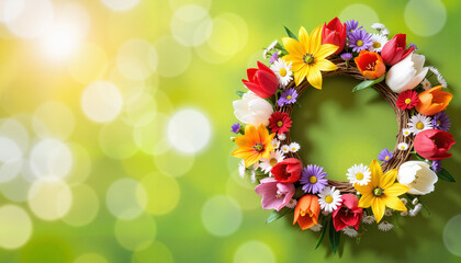 Vibrant tulip wreath with spring blossoms on green background, renewal