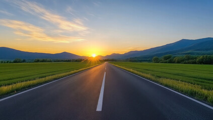 Fototapeta premium View of a long straight deserted asphalt road with the evening sun sky background wallpaper AI generated image