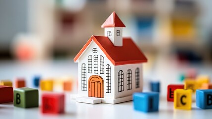 Model of white church with red roof among colorful letter blocks