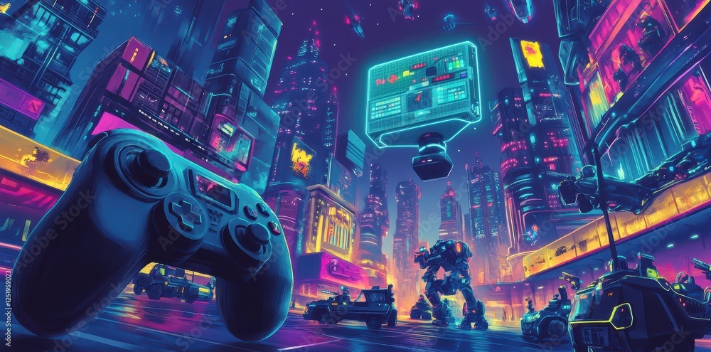 Poster futuristic cityscape with a game controller and robotic elements