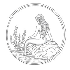 Simple Mermaid Illustration for Coloring Book with Scenic Ocean View