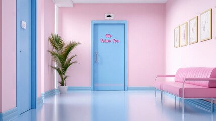 Bright pastel-themed waiting room with "We Value You" on door