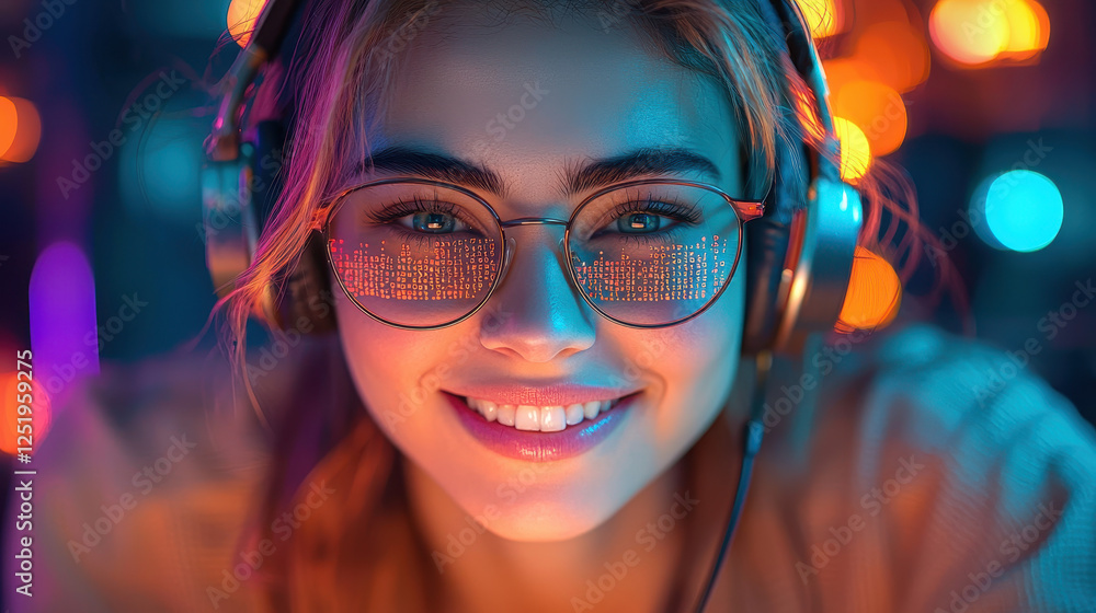 Poster confident female coder immersed in a hackathon, wearing headphones and typing as glowing code reflec