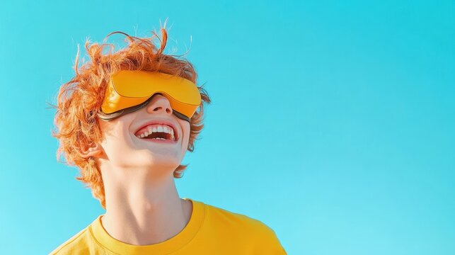 Joyful VR Experience: A cheerful redhead boy with vibrant yellow VR glasses, experiencing the thrill of virtual reality against a bright blue sky. His laughter expresses pure digital joy.