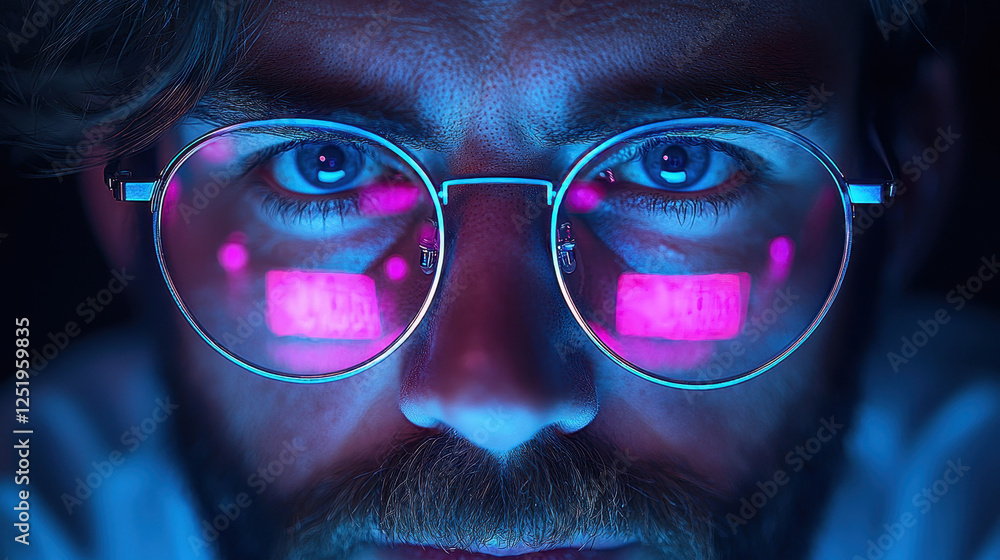 Poster cyberpunk hacker immersed in intense focus, illuminated by neon light reflections from the laptop sc