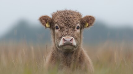 Fototapeta premium Calf portrait in field; serene, nature, rural. Potential use stock photo