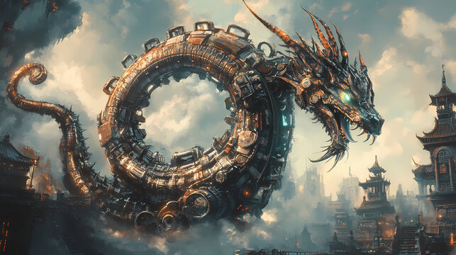 Mechanical dragon artwork fantasy realm digital illustration steampunk environment side view unique concept design. Clockwork Realms. Illustration