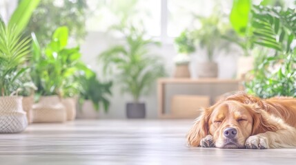 Golden Retriever Resting Amidst Houseplants: A golden retriever sleeps peacefully on a light wood floor surrounded by lush greenery, creating a serene and calming indoor scene. 