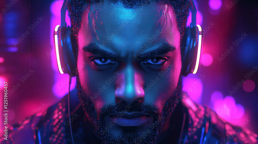 Poster close-up of a focused male developer wearing headphones, immersed in coding during a hackathon with 