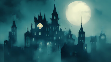 Mysterious clockwork castle in a dark and foggy realm. Clockwork Realms. Illustration