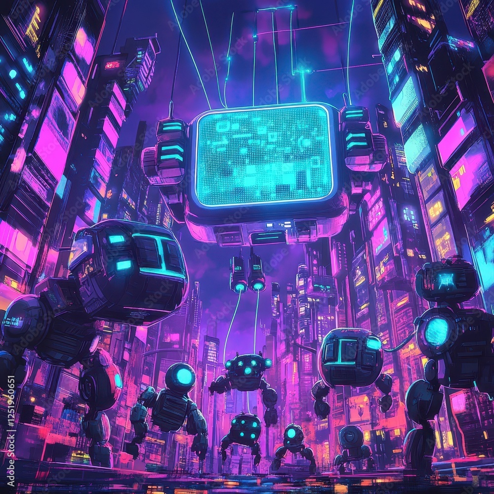 Poster cyberpunk city with floating robots and digital screen