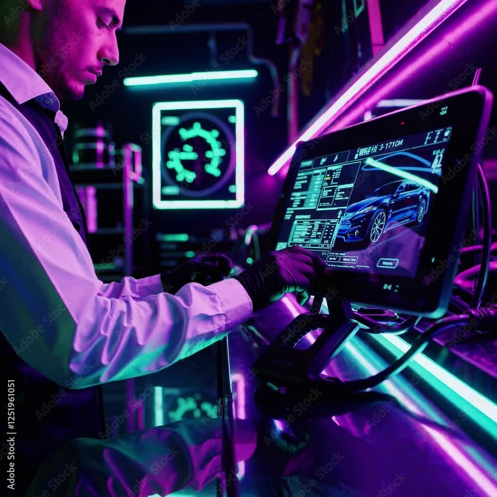 Aufkleber man in a futuristic neon-lit garage using a digital touchscreen interface to configure a high-tech l