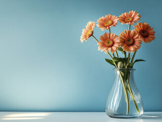 Fototapeta premium Orange gerbera flowers in a glass vase against blue background