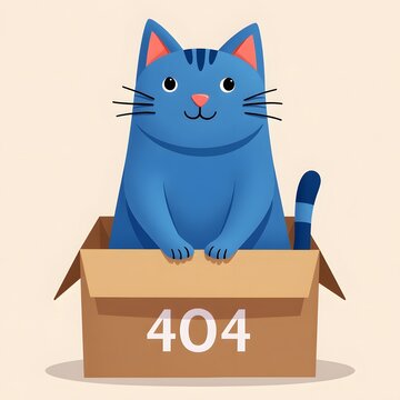 Cute blue cat in a box with 404 error concept art