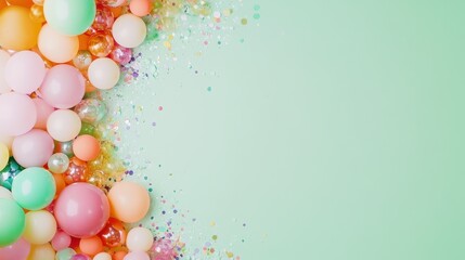 Pastel Balloons and Confetti: A whimsical border of pastel-colored balloons and confetti spills across a vibrant green background, creating a festive and playful backdrop. Perfect for birthday, party.
