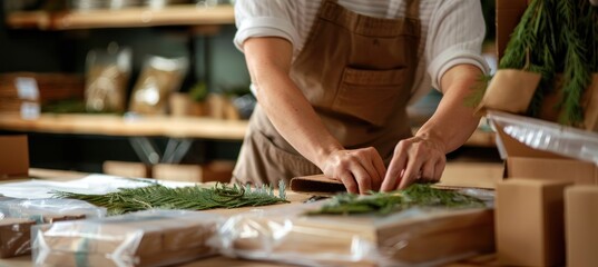Eco-Friendly Packaging Process with Carefully Organized Supplies for Sustainable Shipping
