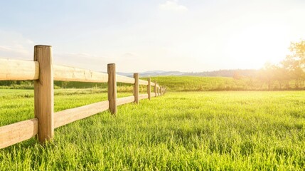 Fototapeta premium Sunlit Meadow Fence: A rustic wooden fence stretches across a vibrant green meadow under a bright, sunny sky, creating a serene and idyllic pastoral scene. 