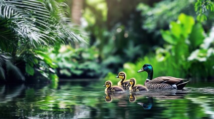 Duck Family in Lush Haven: A mother duck leads her fluffy ducklings through a tranquil stream in a lush, tropical environment, showcasing the beauty of nature and the bond of family. 
