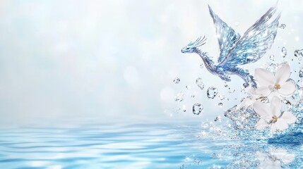 Crystal Dragon Soaring: A majestic crystal dragon, ethereal and shimmering, soars through the air above a serene water surface, leaving behind a trail of sparkling water droplets.