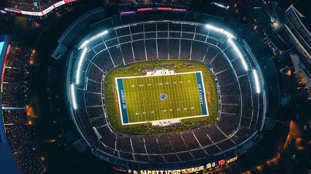 Bright lights illuminate a american football stadium filled with cheering fans during an exciting night game, capturing the energy and atmosphere of a professional sporting event