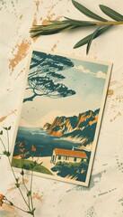 Vintage-Inspired Postcard Design with Scenic Illustration and Bold Typography for Print Use
