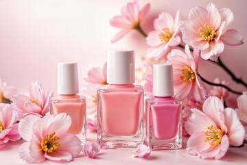 Pastel-colored nail polishes set against a soft blooming flower background