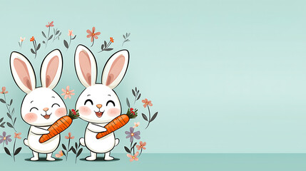 Obraz premium Two rabbits holding a carrot in a field of flowers. generated using AI