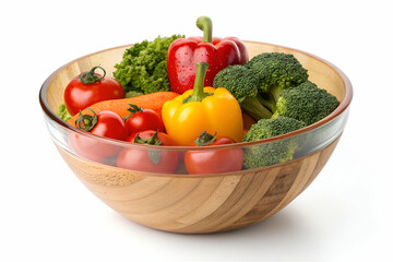 Assorted Colorful Vegetables In Wooden Bowl On White Background