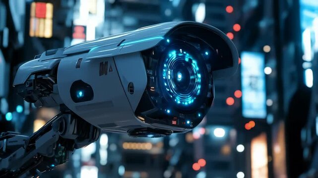 High tech surveillance camera rotating and scanning vibrant neon lit urban environment, representing advanced technological innovation in digital security monitoring systems