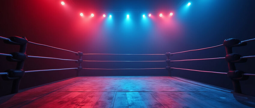 Empty sports wrestling or boxing ring under bright red and blue spotlights.  Stunning panoramic banner for sports news