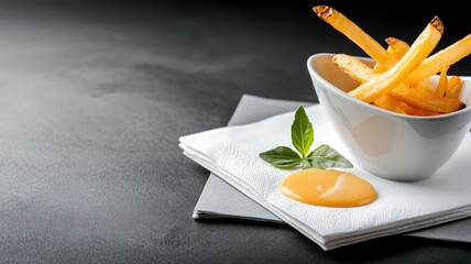 French fries in bowl with dipping sauce on napkins