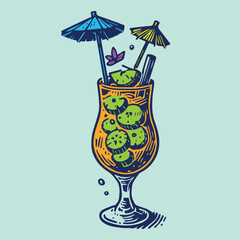 Cocktail drink tropical lemon yellowhand drawn colorful vector illustration set