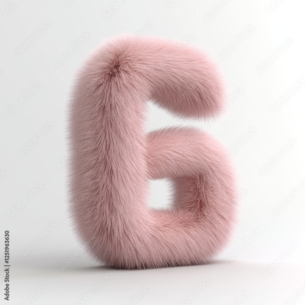 Poster fluffy light pink letter six in 3d rendering style on pure white background showcasing a soft and ch
