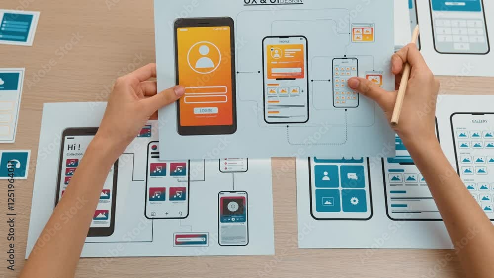 Aufkleber startup company employee planning for user interface prototype for mobile application or website in 