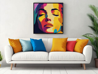 Modern living room with white sofa, colorful pillows and abstract painting of woman.