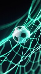 Futuristic soccer ball in neon glowing net with dynamic motion and energy