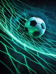 Futuristic soccer ball in sci-fi neon netting with dynamic energy lines