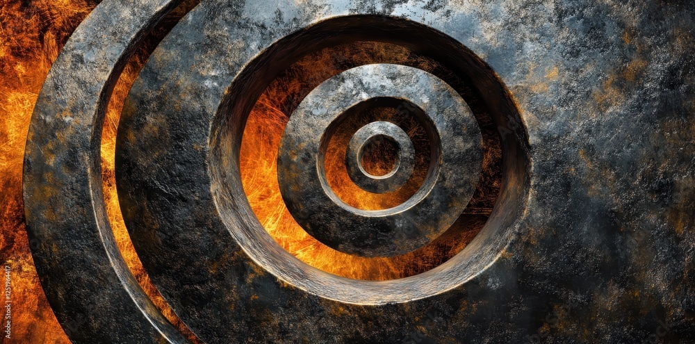 Poster concentric metallic circles framing fiery textured background with subtle grunge