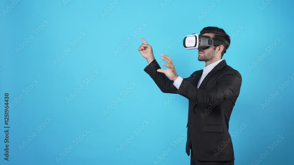 Aufkleber professional businessman pointing hand and checking financial data while wearing vr glasses. smart p