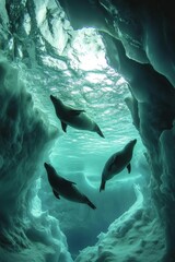 Obraz premium Seals swimming beneath a cracked ice sheet, sunlight refracting through the water, vibrant blues and greens