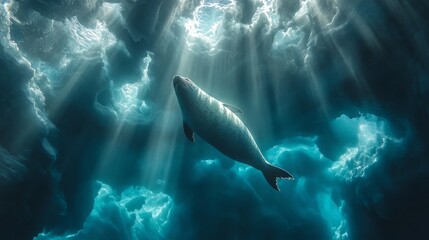 Fototapeta premium Seals Swimming Below Cracked Ice Sheet in Cold Environment, Arctic Wildlife Under Frozen Surface