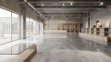 Modern Warehouse Interior with Pristine Concrete Floors and Spacious Shelving Design