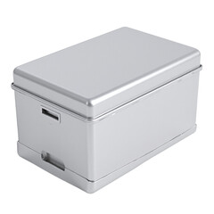 A silver metal storage box with a lid and handle, isolated on a cutout background.
