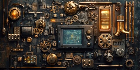 Complex steampunk control panel with gauges gears and a screen