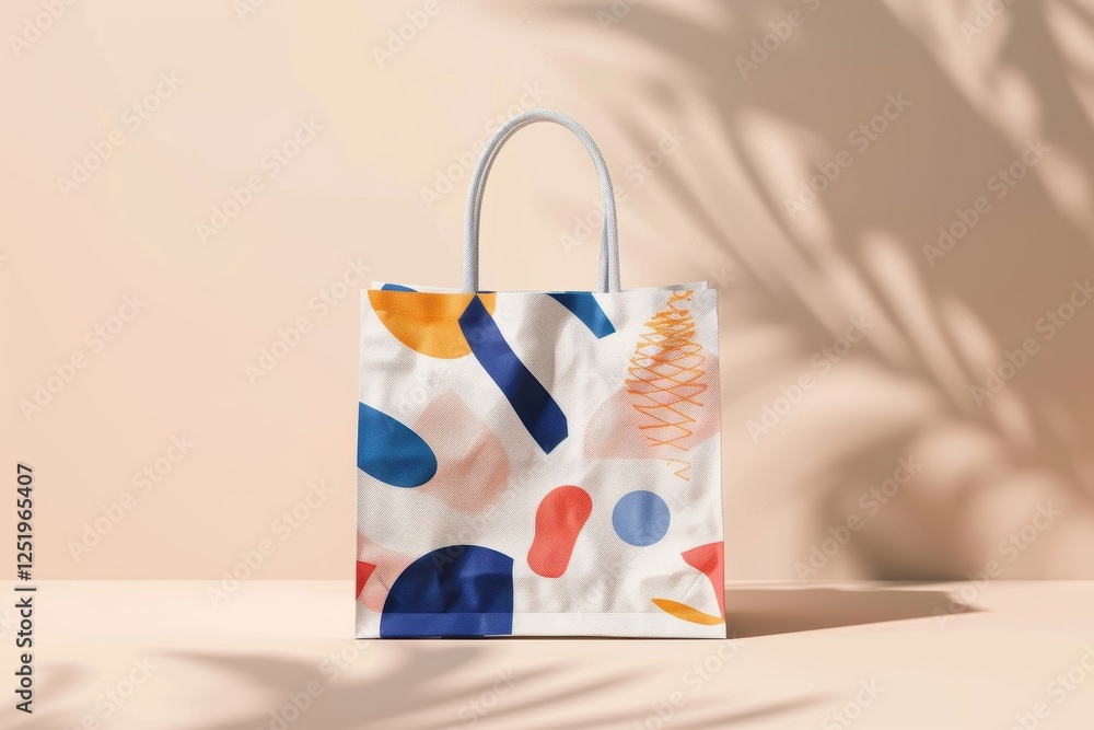 Poster minimalist shopping bag design with geometric patterns and clean typography on textured background