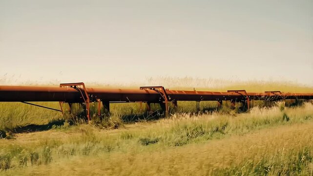 Long rusty gas pipeline stretches across a field with tall grass under a clear sky, supported by worn metal structures that appear aged and deteriorating