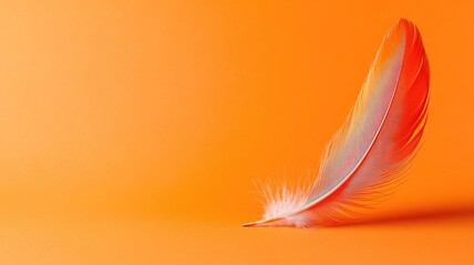 Naklejka premium Vibrant feather on bright orange background, symbolizing lightness